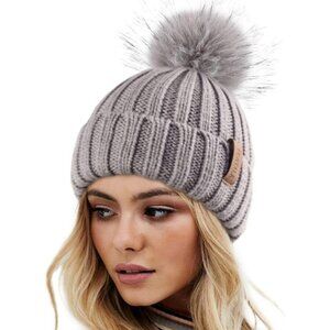 Women's Gray Winter Warm Knitted Beanie Faux Fur Pom Knit Skull Style Hat Cap